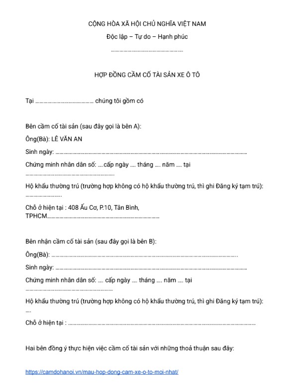Mẫu hợp đồng cầm xe ô tô mới, chuẩn Bộ luật Dân sự 2015 23 Mẫu Hợp Đồng Cầm Xe Ô Tô Trang 1