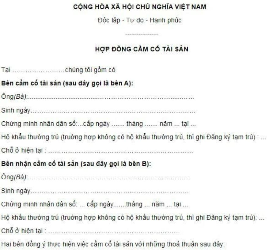 Mẫu Hợp Đồng Cầm Cố Tài Sản Trang 1